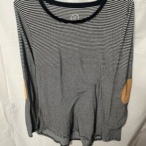 Maurices Black and White Striped Top with Tan Elbow Patches